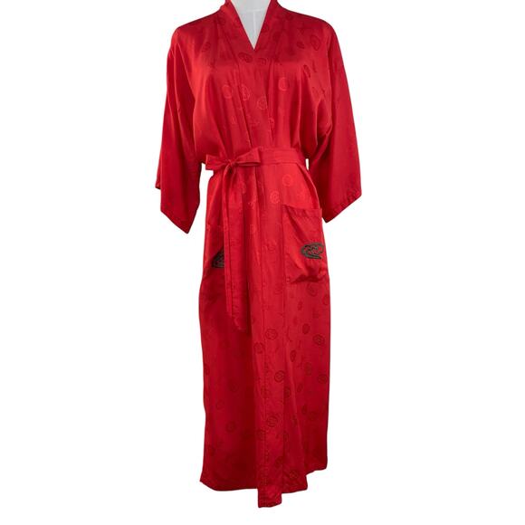 Vintage 70s Boho Red Silk Embroidered Dragon Unisex Kimono Robe Size M - Picture 4 of 15